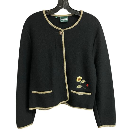 Vintage Geiger Boiled Wool Button Up Floral Embroidered Jacket Black 40 / US 10 - Picture 1 of 6